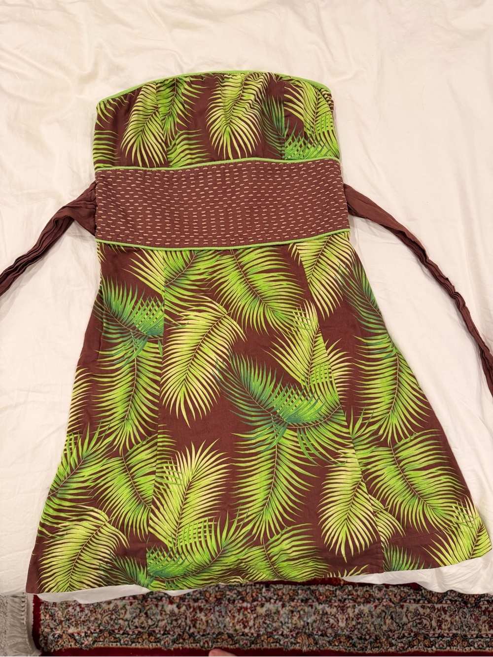 Vintage Free People Strapless Palm-Print Dress in Green & Brown